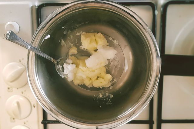 It won't take much heat to melt the cocoa butter and coconut oil together.