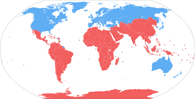 The Global South, as defined as "developing" rather than "developed" countries, shown in red.
