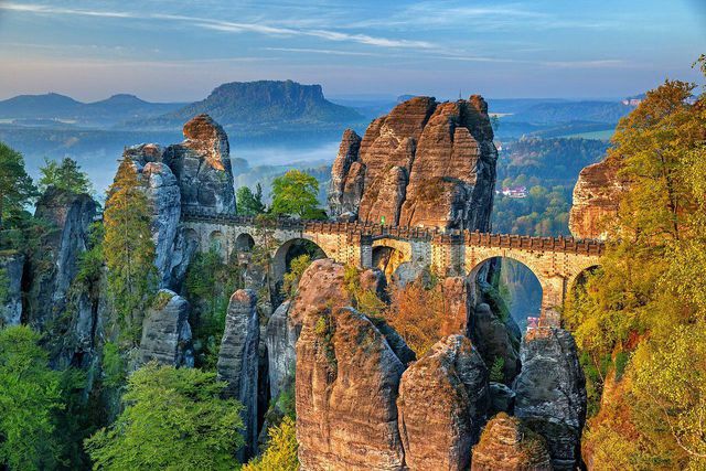 The Elbe Sandstone Mountains lie on the road from Dresden to Bad Schandau.