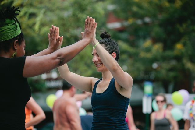 In laughter yoga, many exercises are carried out in groups or with a partner.