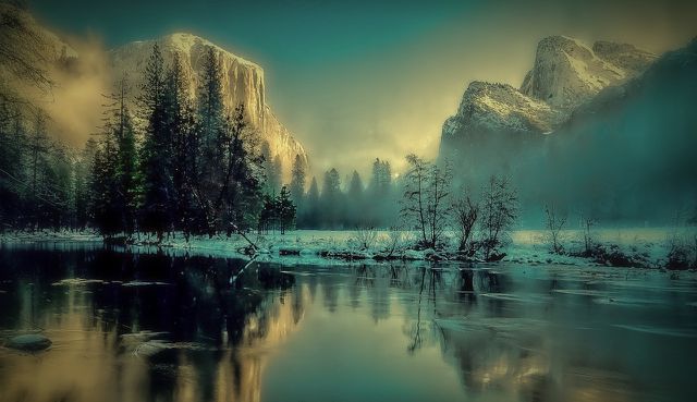 Lakes, streams and waterfalls freeze over every winter in Yosemite National Park.